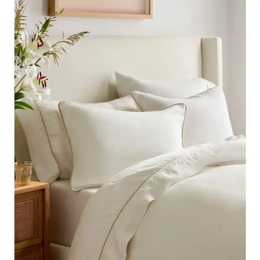QUINCE European Linen Piped Duvet Cover Set KING White/Toffee